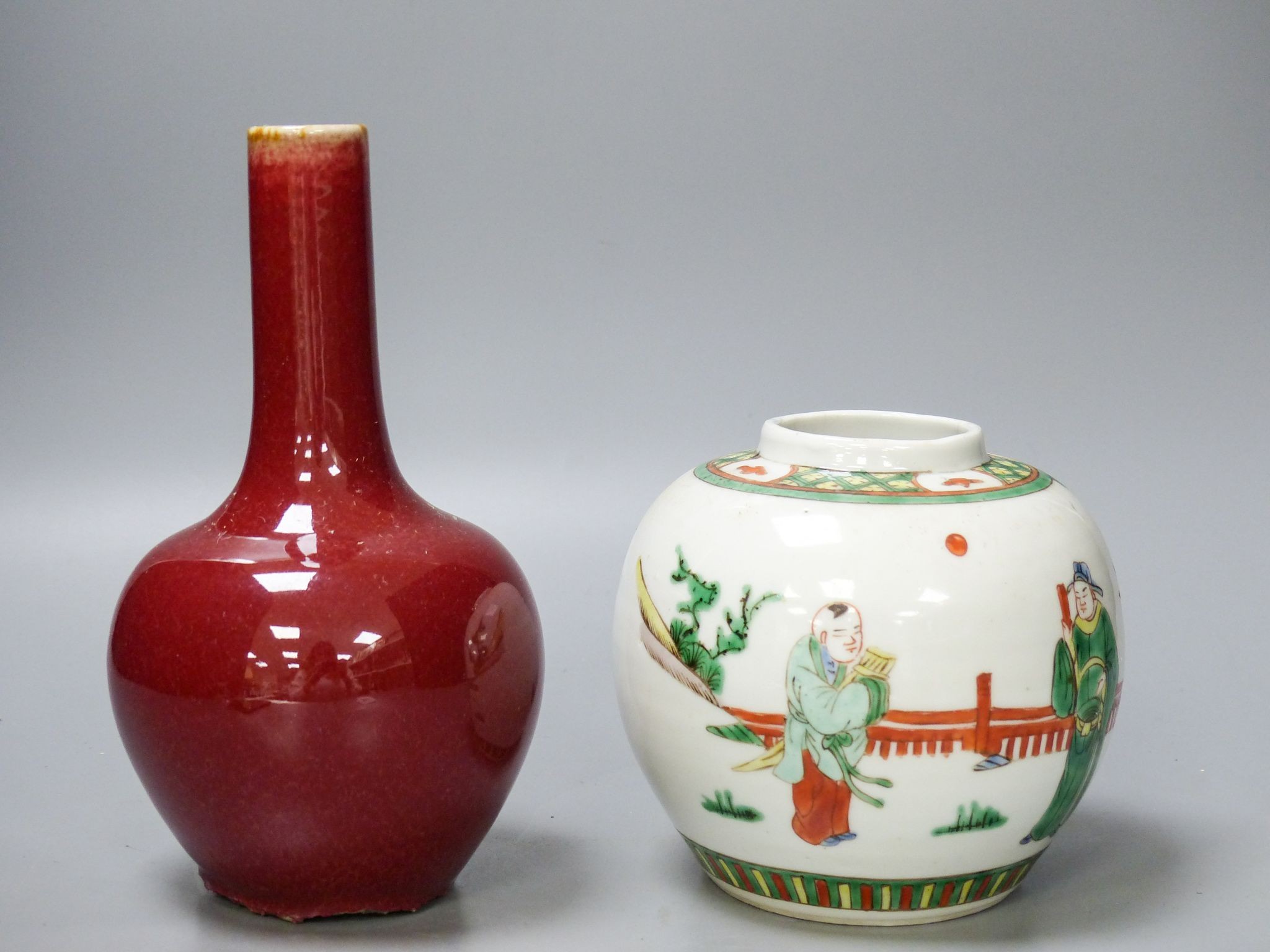 A Chinese famille verte jar and a sang de boeuf vase